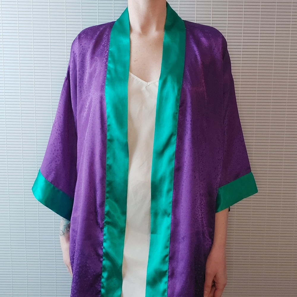 VINTAGE Victorias Secret VS Gold Label Satin Robe w/ Pockets Purple Teal